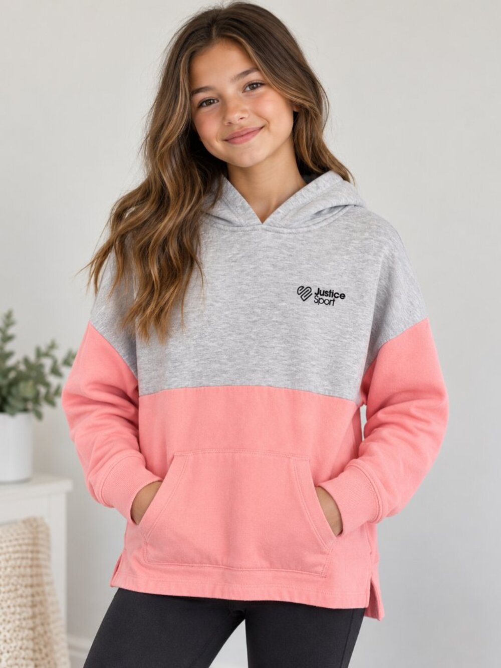 Justice Sport Girls Gray & Pink Colorblock Hoodie Size 12/14